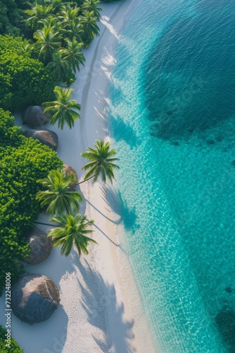 An aerial photograph of a beautiful paradise-like tropical beach on an island in the Maldives photo