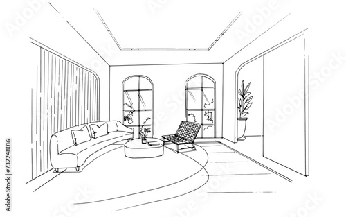 Interior design sketch of a modern home living room. , Graphic assembly in architecture and interior design work. ,Sketch ideas for interior or exterior designs.