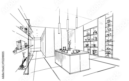 Drawing exterior and interior architectural lines. , Graphic assembly in architecture and interior design work. ,Sketch ideas for interior or exterior designs.
