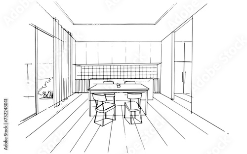 Interior design sketch of the dining area and pantry. , Graphic assembly in architecture and interior design work. ,Sketch ideas for interior or exterior designs.