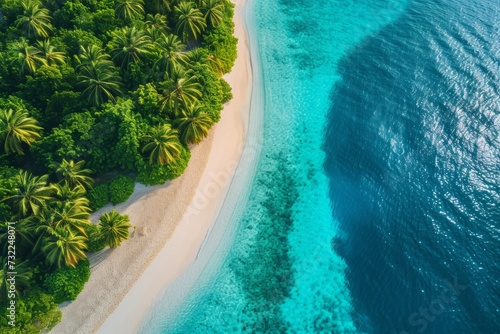 An aerial photograph of a beautiful paradise-like tropical beach on an island in the Maldives © Emanuel