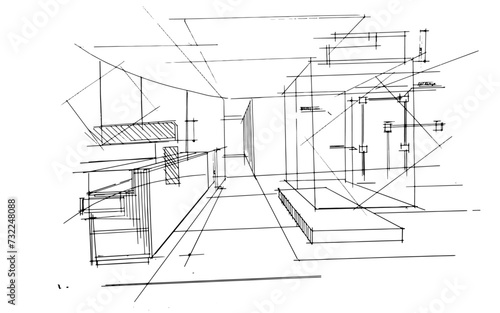 Drawing exterior and interior architectural lines. , Graphic assembly in architecture and interior design work. ,Sketch ideas for interior or exterior designs.