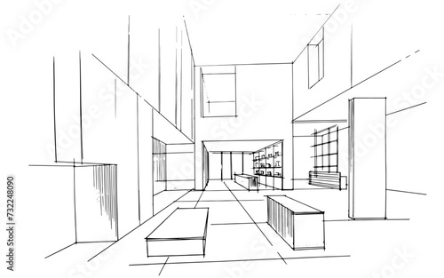 Drawing exterior and interior architectural lines. , Graphic assembly in architecture and interior design work. ,Sketch ideas for interior or exterior designs.