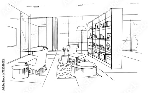 Interior design sketch of a modern home living room. , Graphic assembly in architecture and interior design work. ,Sketch ideas for interior or exterior designs.