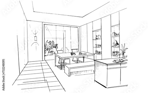 Interior design sketch of the dining area and pantry. , Graphic assembly in architecture and interior design work. ,Sketch ideas for interior or exterior designs.