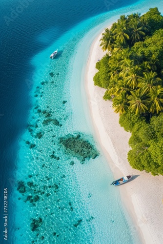 An aerial photograph of a beautiful paradise-like tropical beach on an island in the Maldives