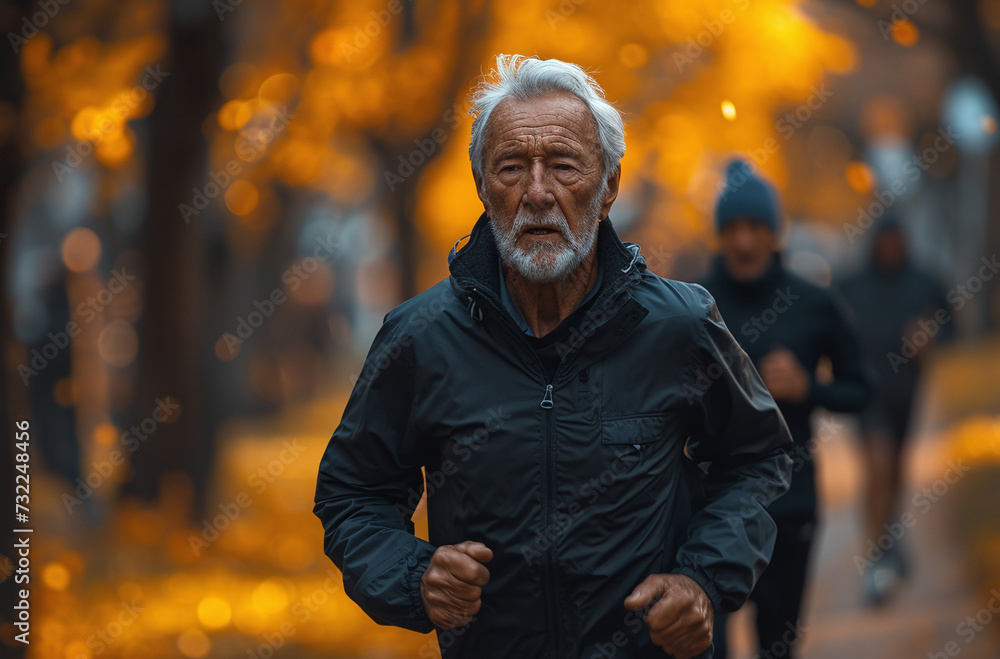 Senior man jogging in park with autumn leaves, healthy lifestyle concept. Senior man jogging in park with autumn leaves, healthy lifestyle concept.