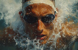 Focused swimmer with goggles in action, water splashing around face during intense swim.