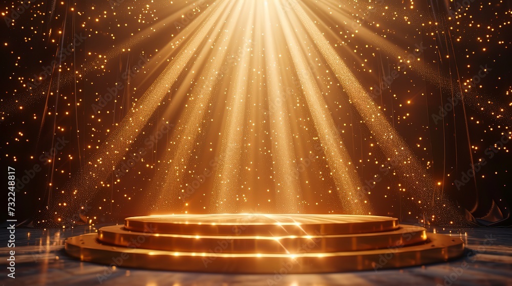 podium with golden light lamps background golden light award stage with rays and sparks - obrazy, fototapety, plakaty 