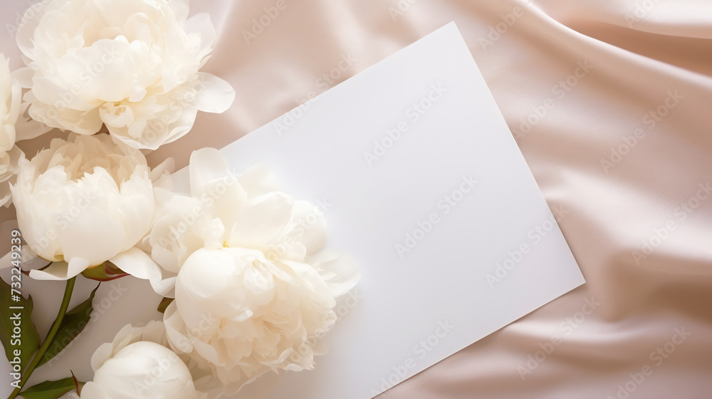 Elegant White Peonies with Blank Card on Satin Fabric. Wedding Invitation and Spring Florals Concept Elegant White Peonies with Blank Card on Satin Fabric. Wedding Invitation and Spring Florals Concept