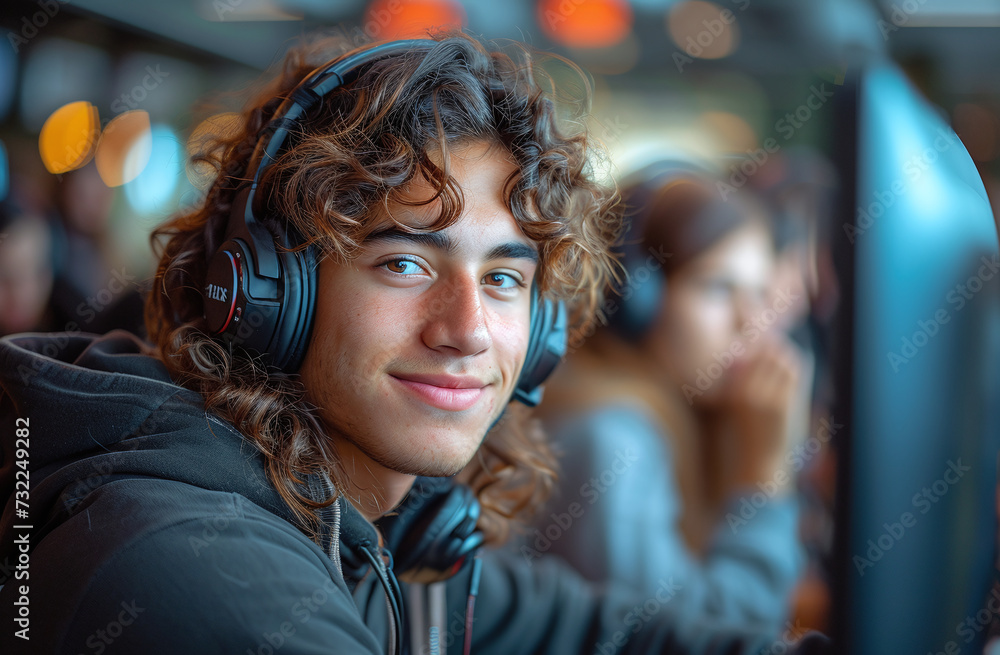 Smiling young man with headphones working on computer in a busy office environment. Smiling young man with headphones working on computer in a busy office environment.