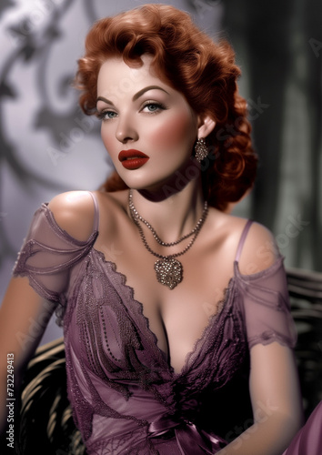 glamorous redhead actress starlet old hollywood style headshot vintage colorized photo