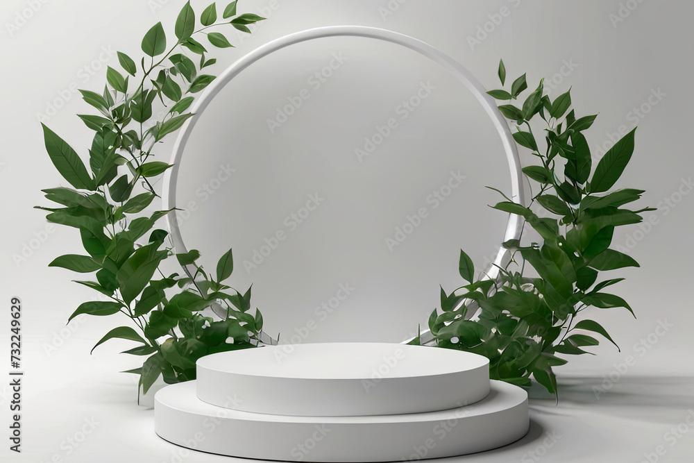 Minimalist podium with greenery. Top view of empty round podium surrounded by green leaves on white background. Perfect for product display. Minimalist podium with greenery. Top view of empty round podium surrounded by green leaves on white background. Perfect for product display.