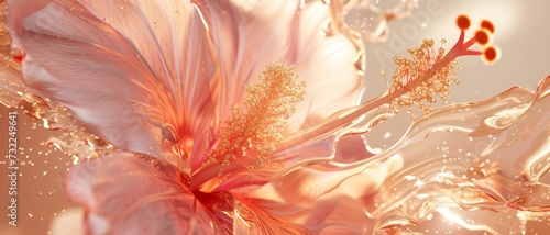 Cascade into the middle of flower torchlit bloom of champagne hibiscus petals, each capturing the effervescence in macro close-up. photo