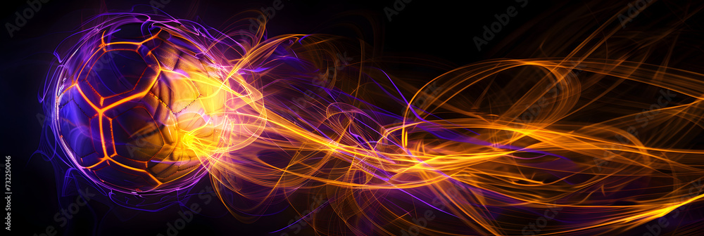 Eye-catching neon illustration of a soccer ball with intricate yellow and purple trails isolated on black background. Created with generative AI.