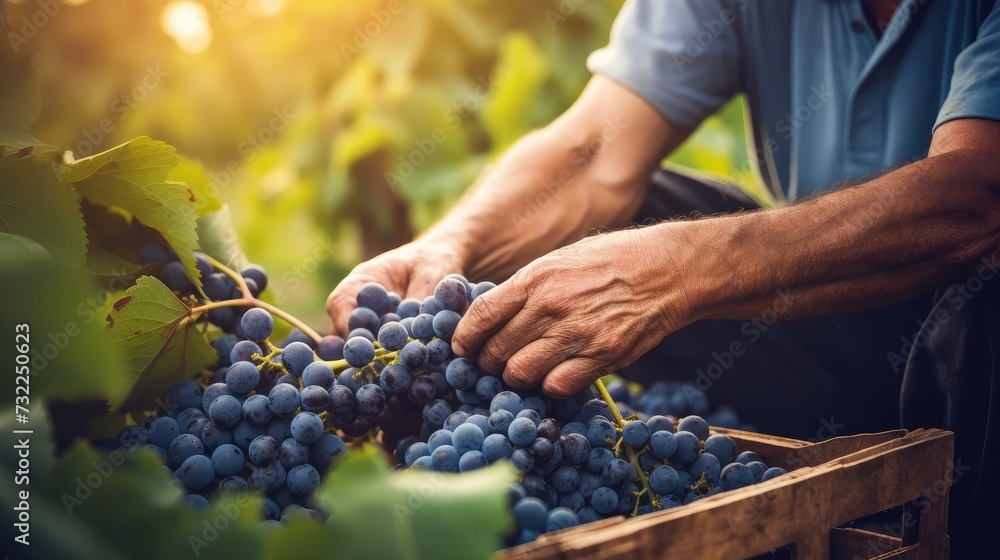 Farmer male hands picking grape, grapes harvest. Generative Ai - obrazy, fototapety, plakaty 