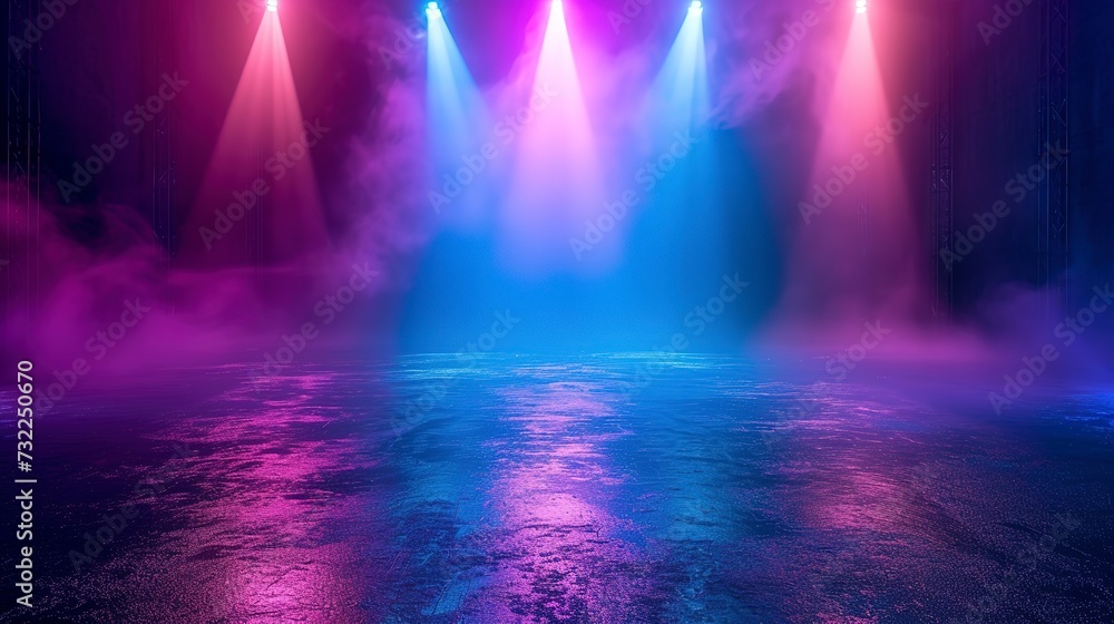 stage shows a blue and purple background an empty dark scene laser beams neon spotlights reflecting on the asphalt floor studio room with smoke floating up a night view of the street 