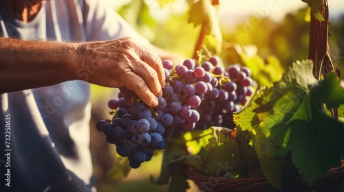 Farmer male hands picking grape, grapes harvest. Generative Ai