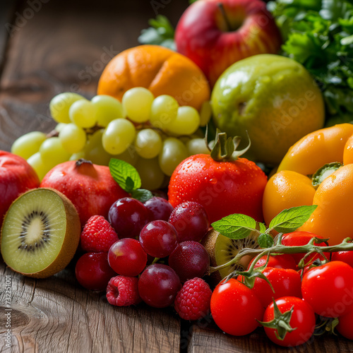 Assorted Fresh Fruits and Vegetables Close-Up, Vibrant Food Photography, Organic Healthy Eating, Colorful Variety of Vitamin-Rich Produce on Wooden Surface, Nutritious Diet Concept