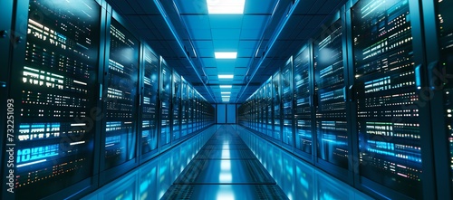Futuristic data center with blue LED lighting. modern network and technology concept. server room rack cabinets. AI