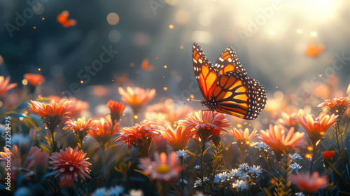 Sunlight filtering through the wings of a butterfly perched on a flower photo