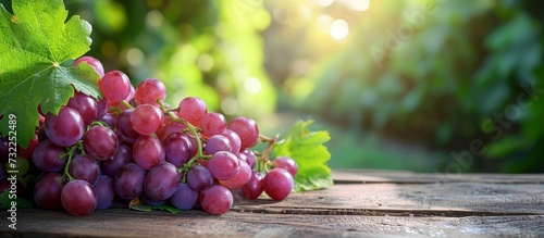 A bunch of seedless grapes with leaves, a natural superfood, sits on a wooden table as a colorful and delicious produce.