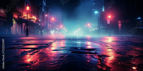 Dark empty street with neon lights spotlights and smoke floating up creating an atmospheric night, A rainy night with red lights and a building in the background. 