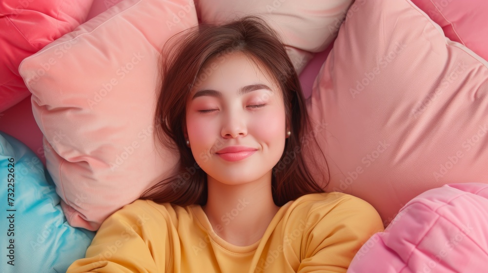 young asian woman sleeping peacefully surrounded by a pile of pillows young asian woman sleeping peacefully surrounded by a pile of pillows
