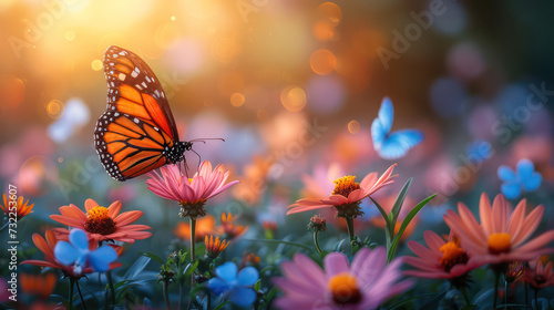 Sunlight filtering through the wings of a butterfly perched on a flower © Krit