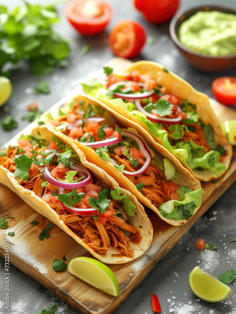 Food photography of a healthy vegan jackfruit tacos. Concept of a