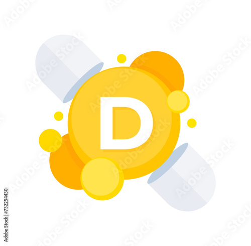 Illustrated vitamin D concept with glowing yellow capsules for health and wellness