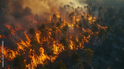 Aerial view of a raging forest fire at sunset. flames consuming trees. environmental disaster scene. AI