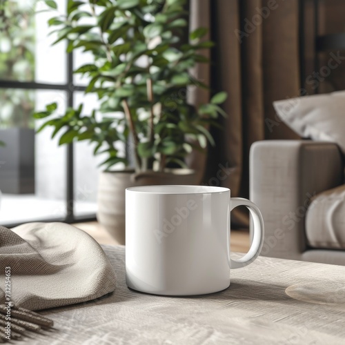 white mug mockup in a living room setting