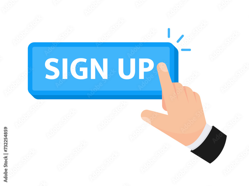 Sign up button with hand clicking. Web button. Sign in Finger Pressing. Vector illustration. Sign up button with hand clicking. Web button. Sign in Finger Pressing. Vector illustration.
