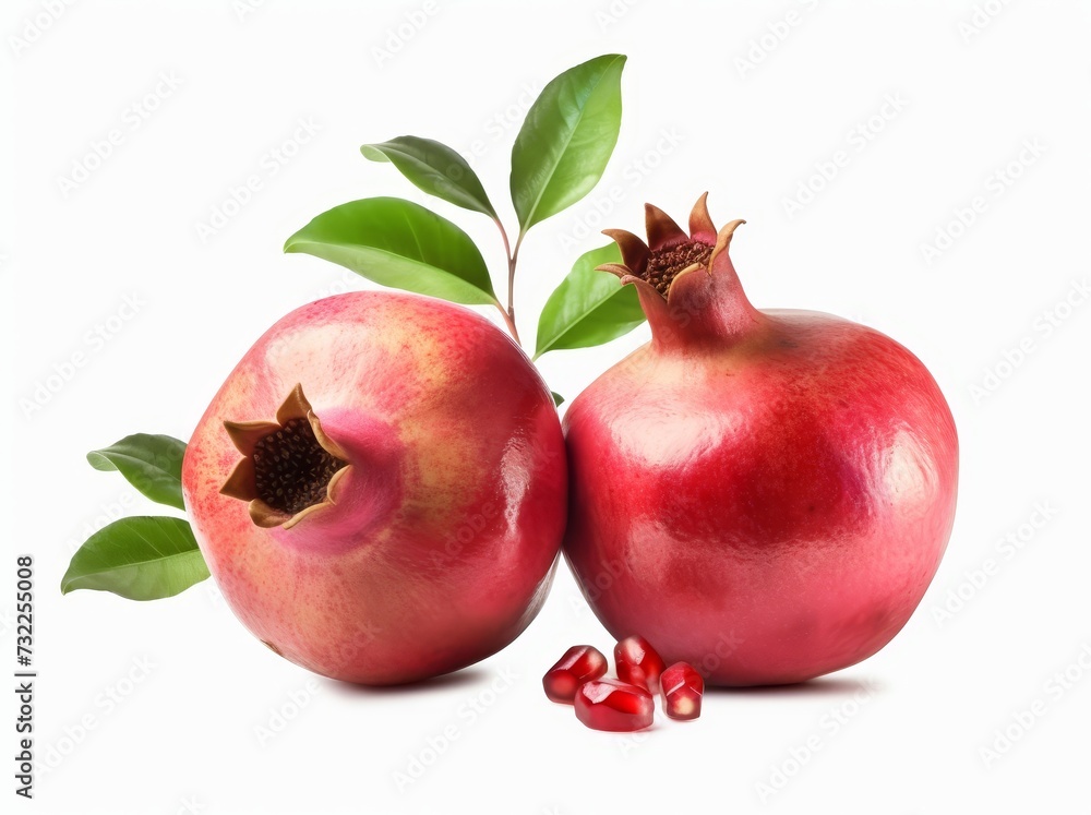 Pomegranate fruits with green leaves isolated on white background. Pomegranate fruits with green leaves isolated on white background.