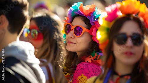 Joyful festival atmosphere captured in vibrant colors. smiling woman in colorful crown. festive mood, sunny day. AI