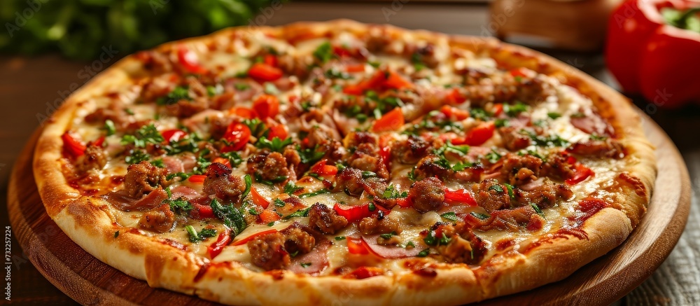A delicious pizza with a perfect blend of ingredients and cheese is placed on a wooden cutting board, awaiting to be enjoyed as a delectable dish at the table. A delicious pizza with a perfect blend of ingredients and cheese is placed on a wooden cutting board, awaiting to be enjoyed as a delectable dish at the table.