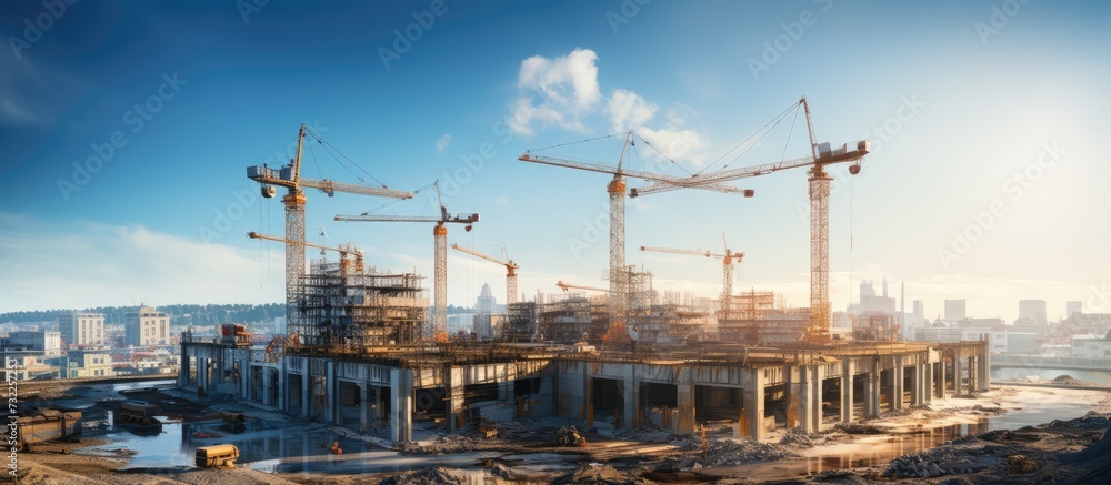 portrait of workers working on a large construction site and many cranes working in an Industrial new building business portrait of workers working on a large construction site and many cranes working in an Industrial new building business