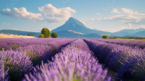 Breathtaking lavender fields blooming under a majestic mountain. vibrant nature  tranquil scenery  perfect for relaxation and wallpapers. AI