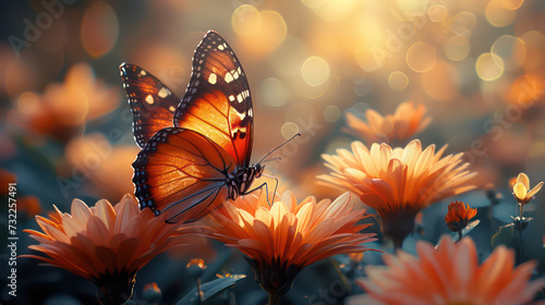 Sunlight filtering through the wings of a butterfly perched on a flower