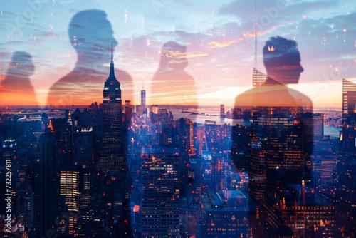 Silhouettes of working business people. Large panorama of New York City skyline after sunset, at night. Double exposure with light effects