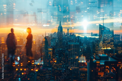 Silhouettes of working business people. Large panorama of New York City skyline after sunset  at night. Double exposure with light effects
