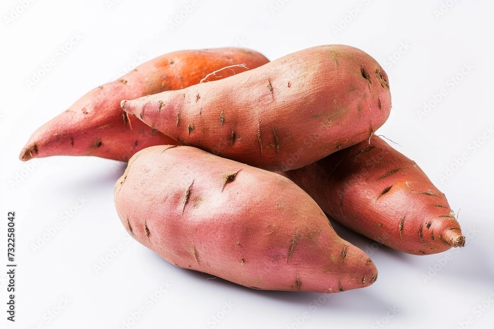 Sweet potatoes set against a white backdrop Sweet potatoes set against a white backdrop