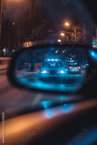 Rearview mirror perspective from a car. A police vehicle with activated lights and siren is in pursuit