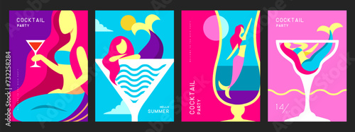Set of retro summer posters with summer attributes. Cocktail cosmopolitan silhouette, mermaid and sea. Vector illustration