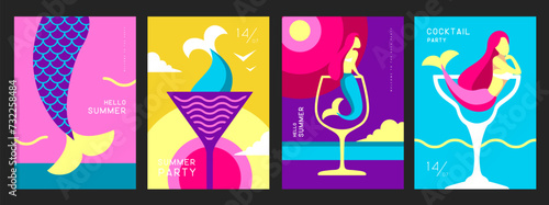 Set of retro summer posters with summer attributes. Cocktail cosmopolitan silhouette, mermaid and sea. Vector illustration