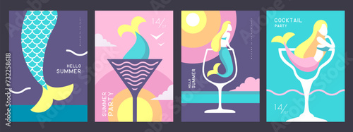 Set of retro summer posters with summer attributes. Cocktail cosmopolitan silhouette, mermaid and sea. Vector illustration
