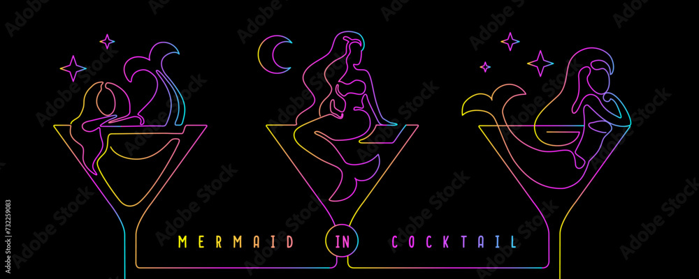 Fluorescent continuous line vector illustration of mermaid in cocktail glass Fluorescent continuous line vector illustration of mermaid in cocktail glass