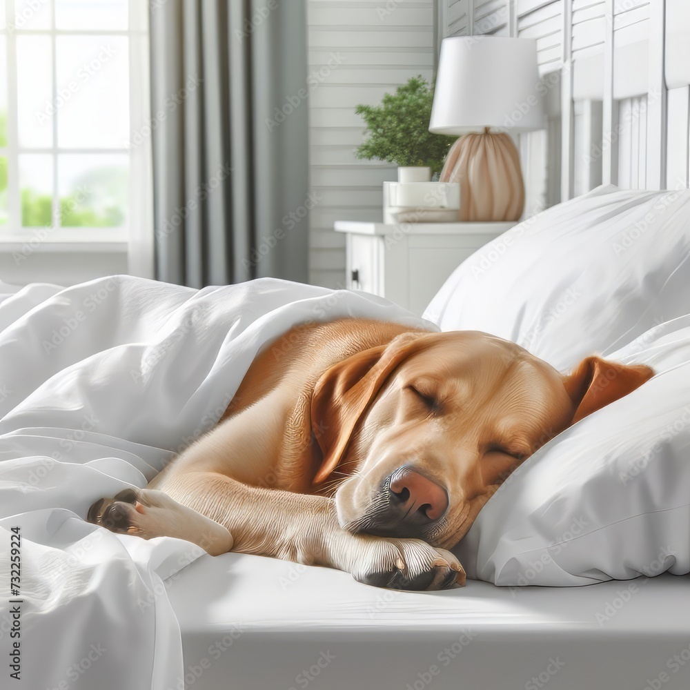 A dog sleeping in a white bed at home A dog sleeping in a white bed at home