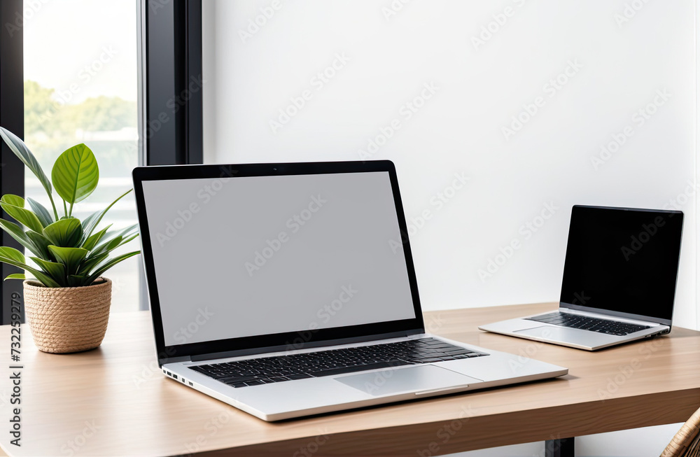 white screen desktop computer in minimal office room with decorations and copy space white screen desktop computer in minimal office room with decorations and copy space